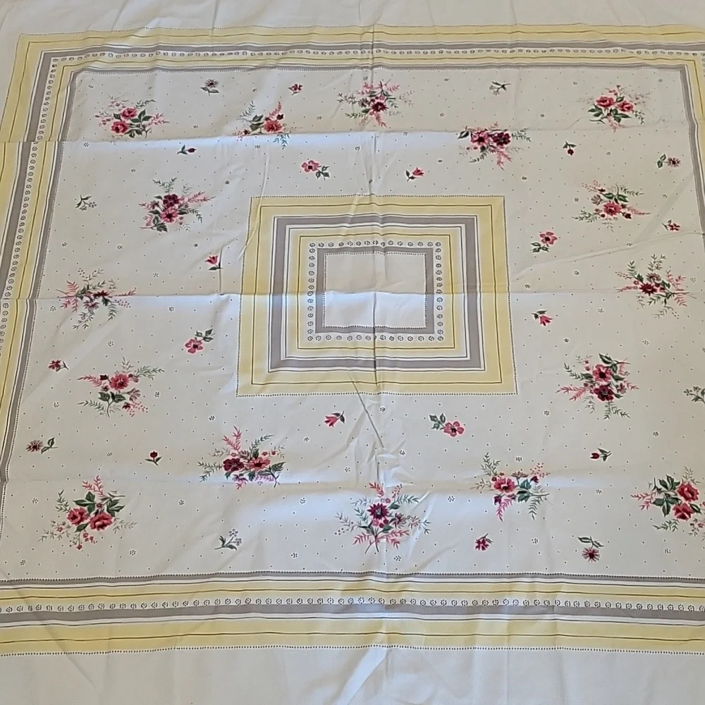 Vintage Floral Square Tablecloth with Yellow and Pink Rose Accents
